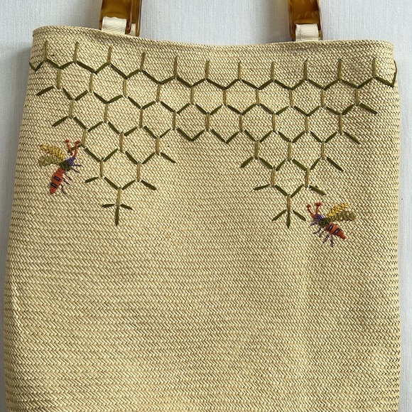 Andrea Stuart New York Straw Embroidered Bag Lucite Handles - Picture 2 of 10